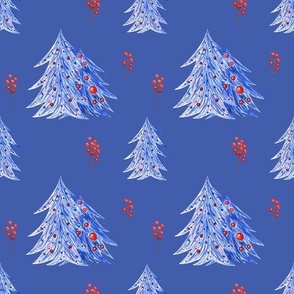 Christmas trees and red berries (on blue)