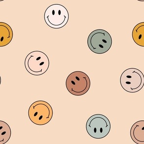 Boho Smiley Faces in Neutral Beige Yellow Sage Green Brown