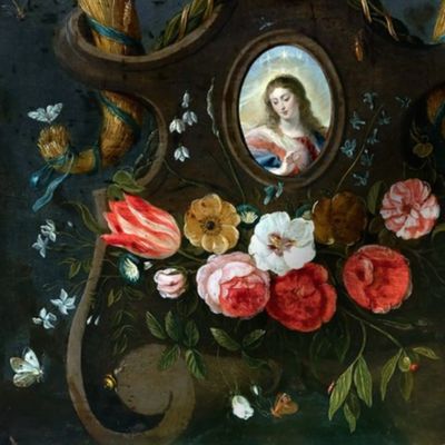 26 Jesus Christ Holy chalice grail altar halo Virgin Mary Christianity Catholic religious mother Madonna  floral flowers frame butterfly roses tulips grapes clouds dragonfly barley horn of plenty long hair embroidery beautiful lady woman Victorian 17th ce