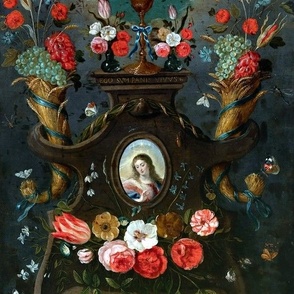 26 Jesus Christ Holy chalice grail altar halo Virgin Mary Christianity Catholic religious mother Madonna  floral flowers frame butterfly roses tulips grapes clouds dragonfly barley horn of plenty long hair embroidery beautiful lady woman Victorian 17th ce