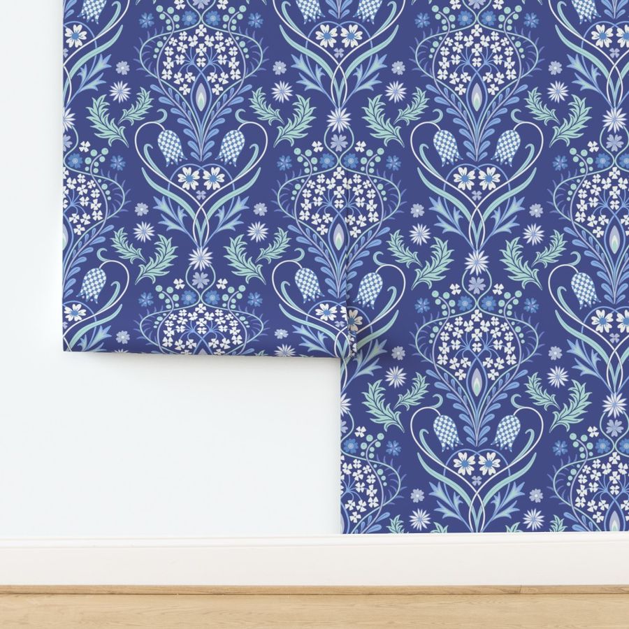 Art Nouveau fritillary acanthus damask XL wallpaper scale navy blue by Pippa Shaw