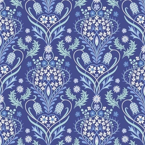 Art Nouveau fritillary acanthus damask wallpaper scale navy blue by Pippa Shaw