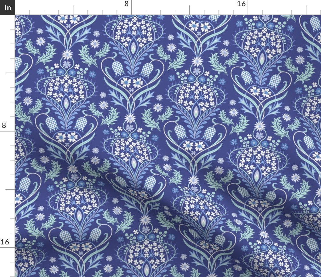 Art Nouveau fritillary acanthus damask large scale navy blue by Pippa Shaw