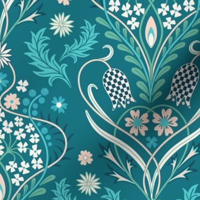 Art Nouveau fritillary acanthus damask wallpaper scale jade green by Pippa Shaw