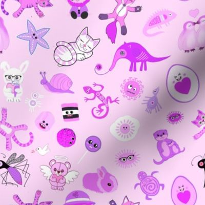 Quirky pink creatures on pink