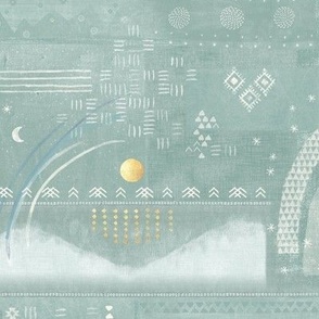 Aztec Vista in Sea Mist | Mountains in pale teal, white and gold, Aztec patterns, celestial, night sky with planets, moon and stars, geometric, Aztec block print.