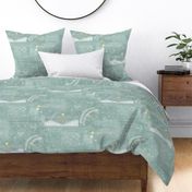 Aztec Vista in Sea Mist (large scale) | Mountains in pale teal, white and gold, Aztec patterns, celestial, night sky with planets, moon and stars, geometric, Aztec block print.