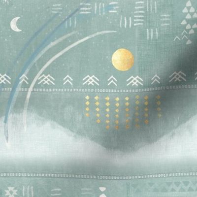 Aztec Vista in Sea Mist (large scale) | Mountains in pale teal, white and gold, Aztec patterns, celestial, night sky with planets, moon and stars, geometric, Aztec block print.