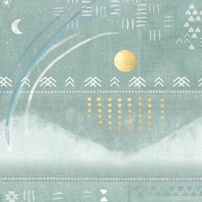 Aztec Vista in Sea Mist (large scale) | Mountains in pale teal, white and gold, Aztec patterns, celestial, night sky with planets, moon and stars, geometric, Aztec block print.