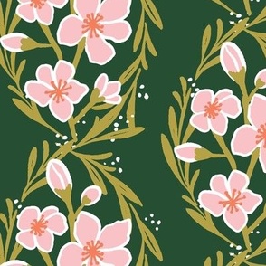 LARGE - Floral Climbing Peach Blossom, in Emerald and Pink