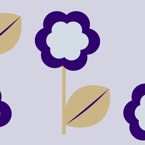 large dark purple and tan flowers on lavender background