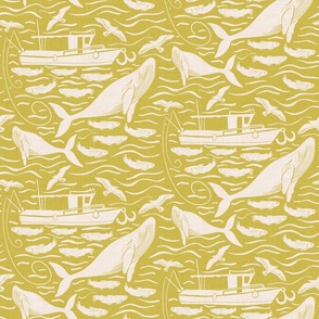 Deep sea fishing adventure block print, yellow