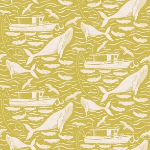 Deep sea fishing adventure block print, yellow