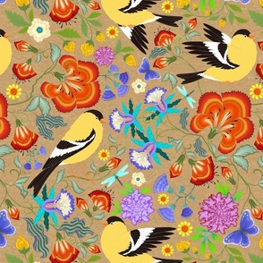 Goldfinch Garden Party on a kraft paper background