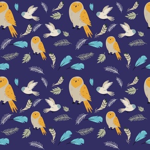 Owls with Leaves and Feathers on Blue