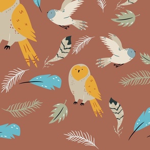 Owls with Leaves and Feathers on Burnt Orange  3000