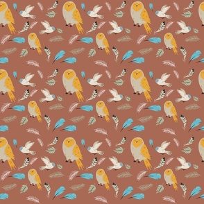 Owls with Leaves and Feathers on Burnt Orange  6000