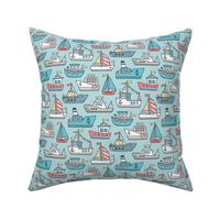 Boats Ships Nautical Maritime Doodle on Aqua Blue Smaller 2,5 inch