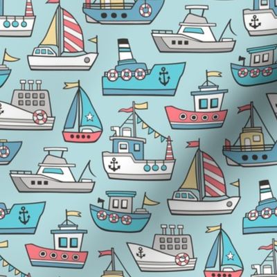 Boats Ships Nautical Maritime Doodle on Aqua Blue Smaller 2,5 inch