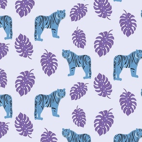 Majestic tigers between monstera leaves - Blue and purple