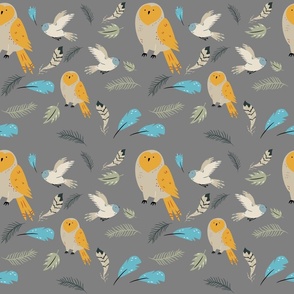 Owls with Leaves and Feathers on Gray - Small
