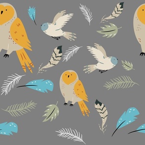 Owls with Leaves and Feathers on Gray - Large