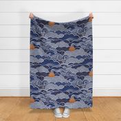 Cozy Night Sky Navy Blue Extra Large- Full Moon and Stars Over the Clouds- Indigo- Royal Blue-Gold- Mustard- Home Decor- Wallpaper