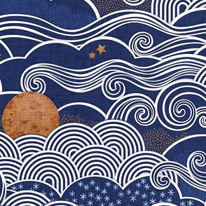 Cozy Night Sky Navy Blue Extra Large- Full Moon and Stars Over the Clouds- Indigo- Royal Blue-Gold- Mustard- Home Decor- Wallpaper