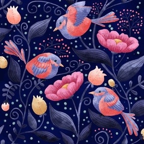 Robins and Florals - Navy 