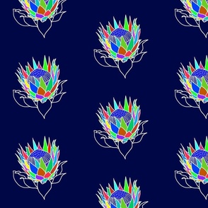 Rainbow Protea (stained glass window) #2 - white lines on midnight blue, medium 