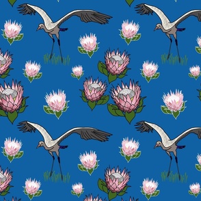 Feathered Friends (proteas & giant cranes) - ocean blue, medium