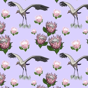 Feathered Friends (proteas & giant cranes) - lilac purple, medium