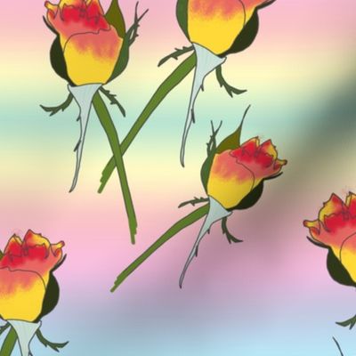 Floating Rosebuds Delight - pastel rainbow, medium 