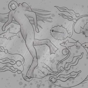Diver , octopus, minimal, light greyscale