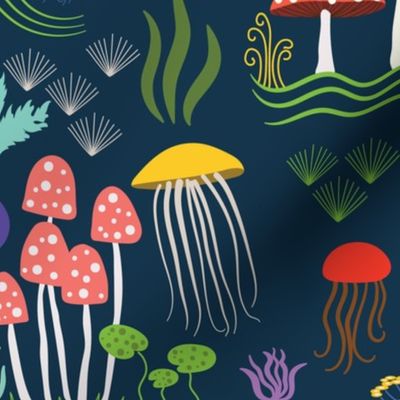 magical mushrooms  underwater with jellyfish