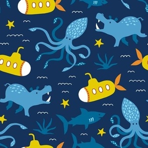Submarine ocean animals blue