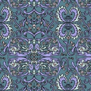 Lilac, cotton candy, seaglass heritage damask on a teal background small 6” repeat, 12” wallpaper