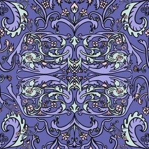 Rococo damask with seaglass, cotton candy and lilac on a purple background small 6” repeat, 12” repeat on wallpaper