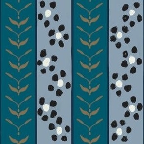 Dark teal stripes with gold leaves on grey stripes with chalky flowers, small 6” repeat vertical