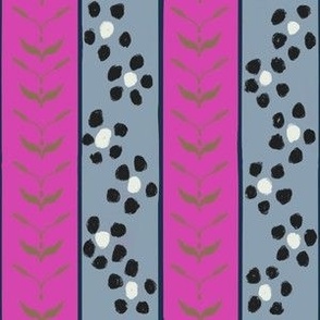 Hand drawn hot pink stripes on grey and black flowers small 6” repeat