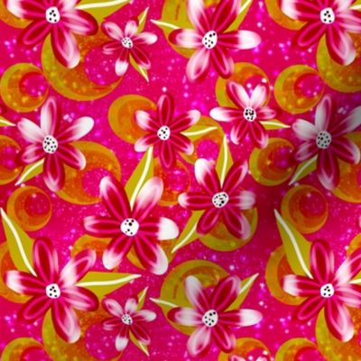 Shocking Pink and Red flowers and lime green retro circles small 6inch repeat