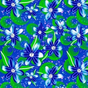 Luminescent daisies on blue with retro lime green circles small 6” repeat