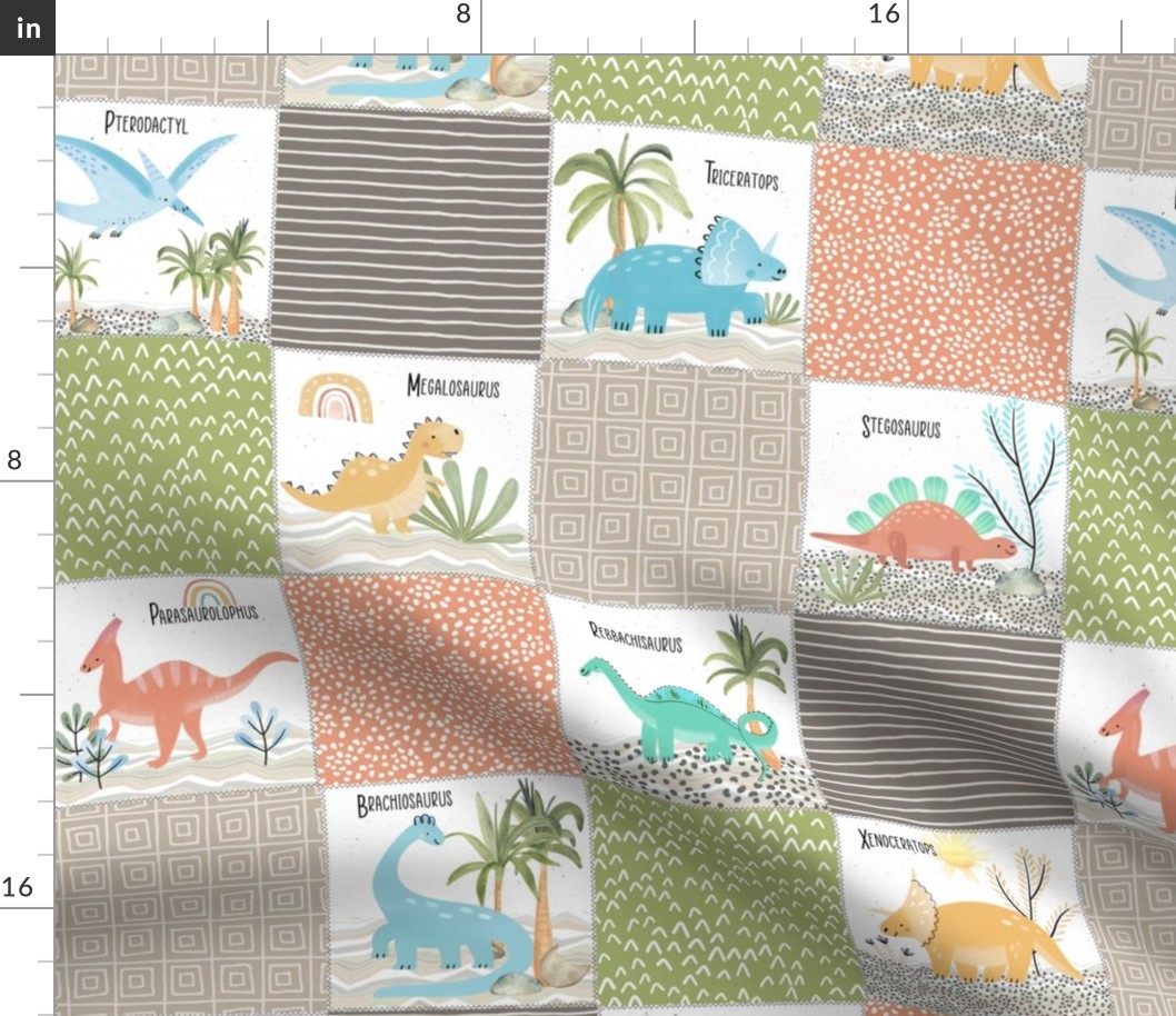 4 1/2" Painted Dinosaurs Patchwork Quilt (brick mudslide olive sand) Child Dino Blanket Bedding, GL-B