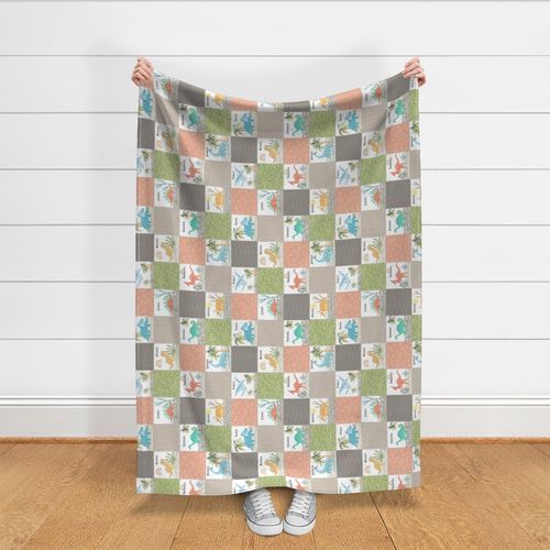 4 1/2" Painted Dinosaurs Patchwork Quilt (brick mudslide olive sand) Child Dino Blanket Bedding, GL-B, rotated