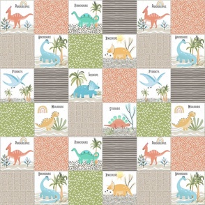 3" Painted Dinosaurs Patchwork Quilt (brick mudslide olive sand) Child Dino Blanket Bedding, GL-B