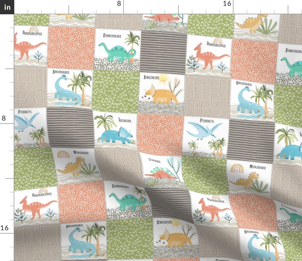 3" Painted Dinosaurs Patchwork Quilt (brick mudslide olive sand) Child Dino Blanket Bedding, GL-B