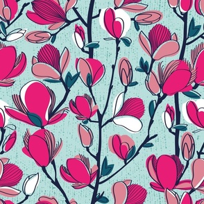 Normal scale // From my window // aqua background fuchsia and carissma pink magnolia spring bloom