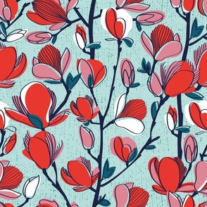 Normal scale // From my window // aqua background neon red orange magnolia spring bloom