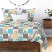 Painted Dinosaurs Patchwork Quilt (blue gold stone greystone) Child Dino Blanket Bedding, GL-A