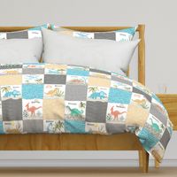 Painted Dinosaurs Patchwork Quilt (blue gold stone greystone) Child Dino Blanket Bedding, GL-A